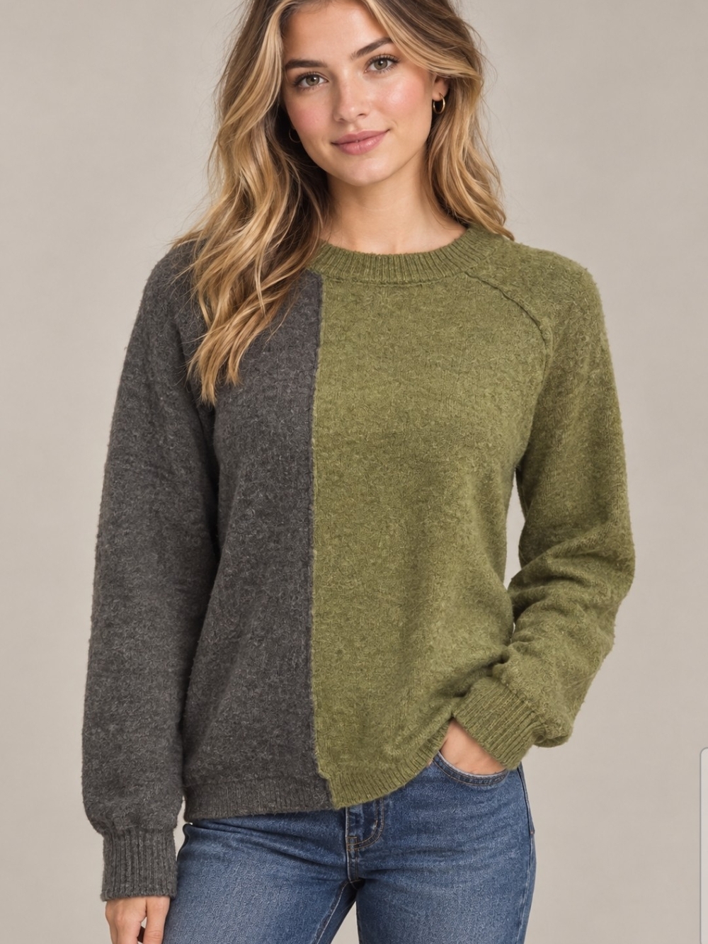 Zara Colorblock Alpaca /Wool Blend Crewneck Sweater - Olive & Charcoal Size L